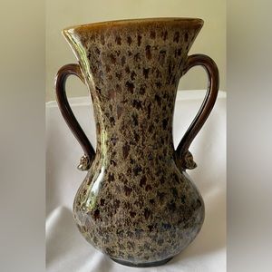 Gorgeous Hand Crafted Large 12” Double Handled Brown Spotted Vase EUC